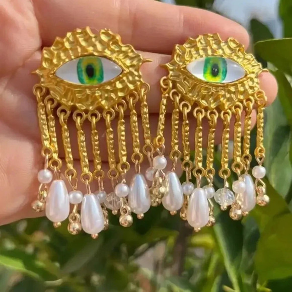 Maison Green Evil Eye Protection Pearl Dangle Earrings - Picture 7 of 12